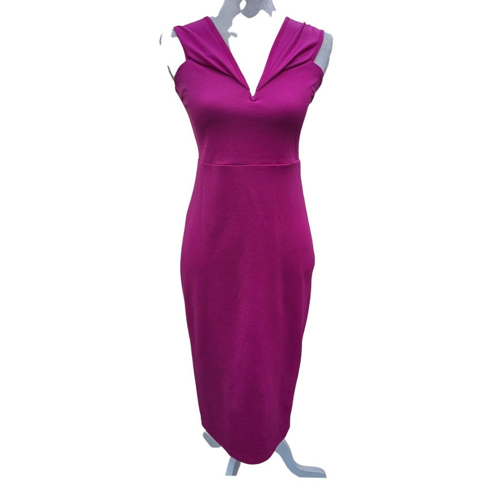 Lulus Magenta Pink Pleated V-Neck Sleeveless Midi Pencil Dress Medium